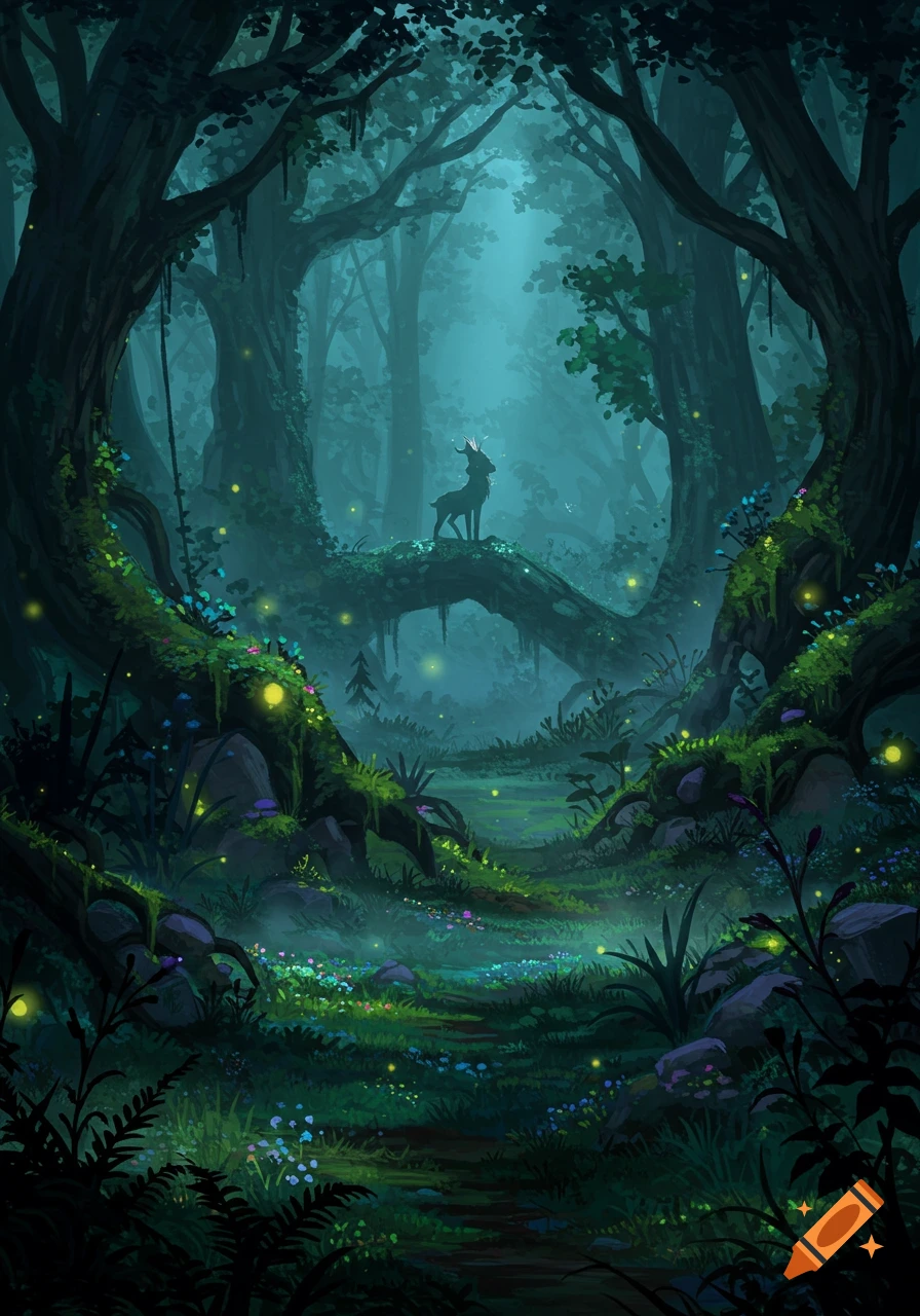 A mythical deer with glowing antlers stands on a mossy log in a vibrant, dark fantasy forest with fireflies.