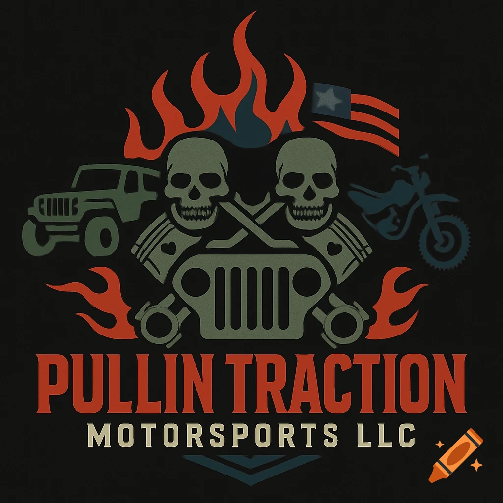 A logo for Pullin Traction Motorsports LLC featuring two skulls, crossed pistons, a Jeep grille, vehicles, flames, and an American flag on a dark background.