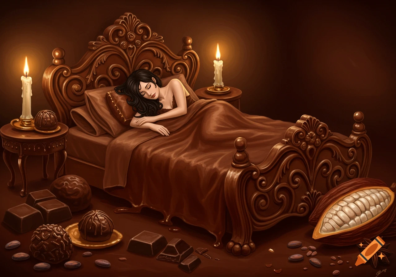 An illustrative image of a woman sleeping in a bed made of chocolate, surrounded by chocolate truffles, bars, and cocoa beans.