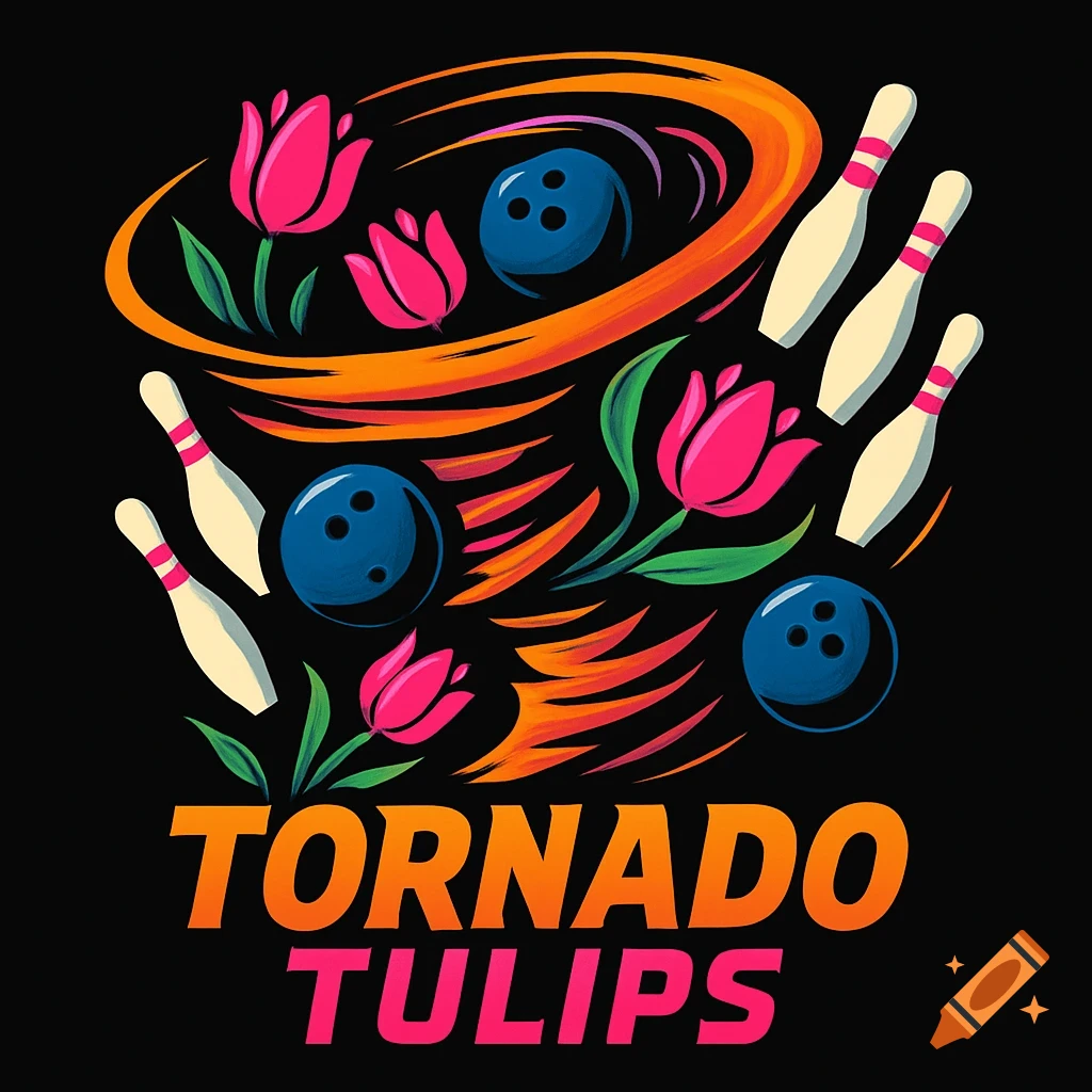 A stylized bowling logo featuring bowling balls, pins, and pink tulips swirling in an orange tornado, with the text "TORNADO TULIPS" at the bottom.
