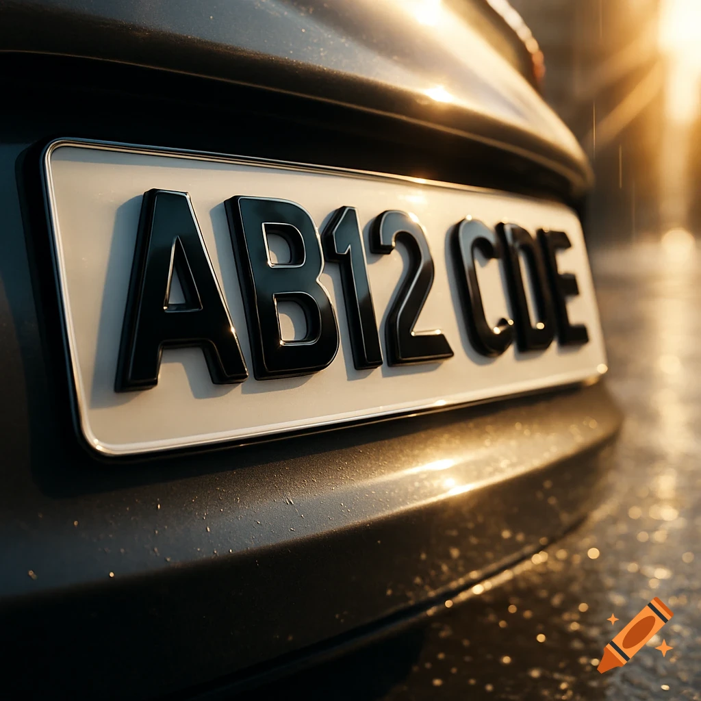 Close-up of a car's rear with a glossy 4D UK number plate 'AB12 CDE' under warm sunlight.