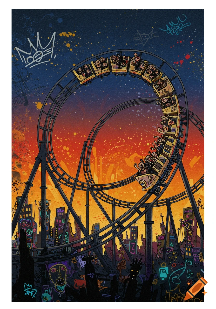 A stylized roller coaster with riders in a city at sunset, featuring a Basquiat-inspired graffiti art style.