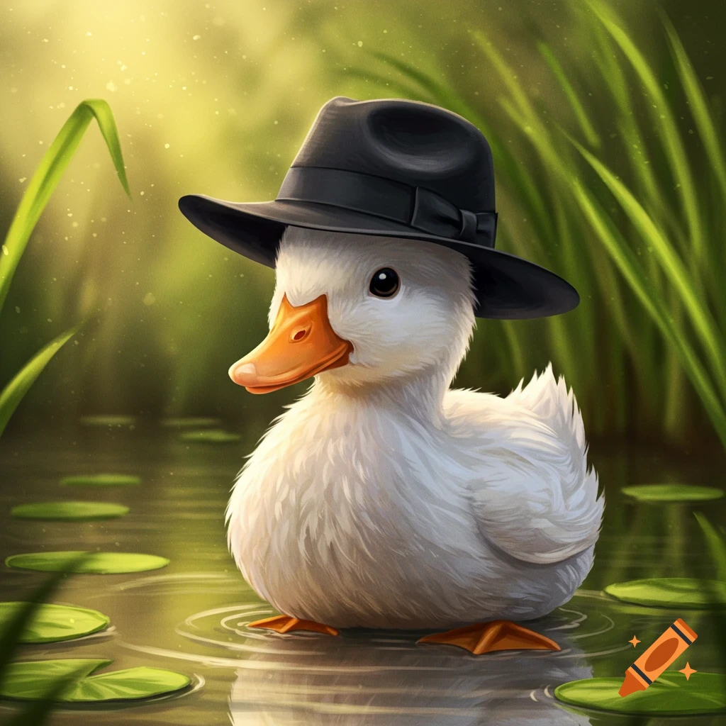 A cute white duckling wearing a black fedora hat sits in a pond with green lily pads and reeds in a detailed digital art style.