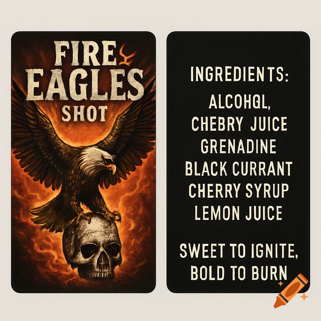 Two liquor labels: one with a bald eagle on a skull with flames, text "FIRE EAGLES SHOT"; the other lists ingredients and a slogan.
