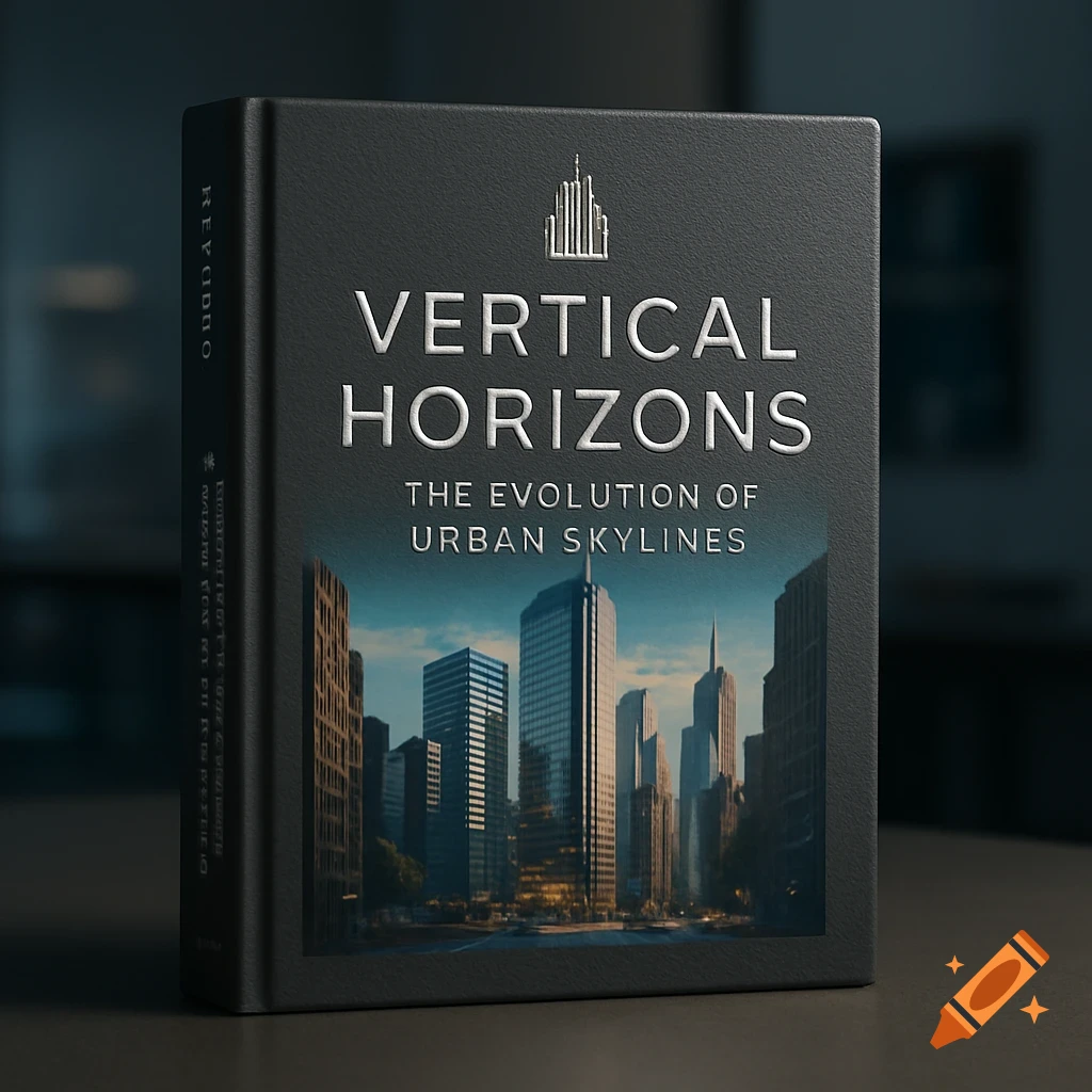 A professional mockup of a black book titled 'Vertical Horizons' with a modern city skyline on the cover.
