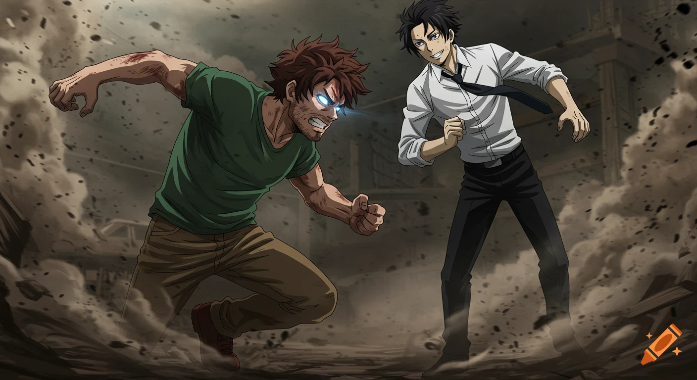 Two anime men in a dusty, action-packed combat scene; one with glowing blue eyes lunges, the other dodges with a smirk.