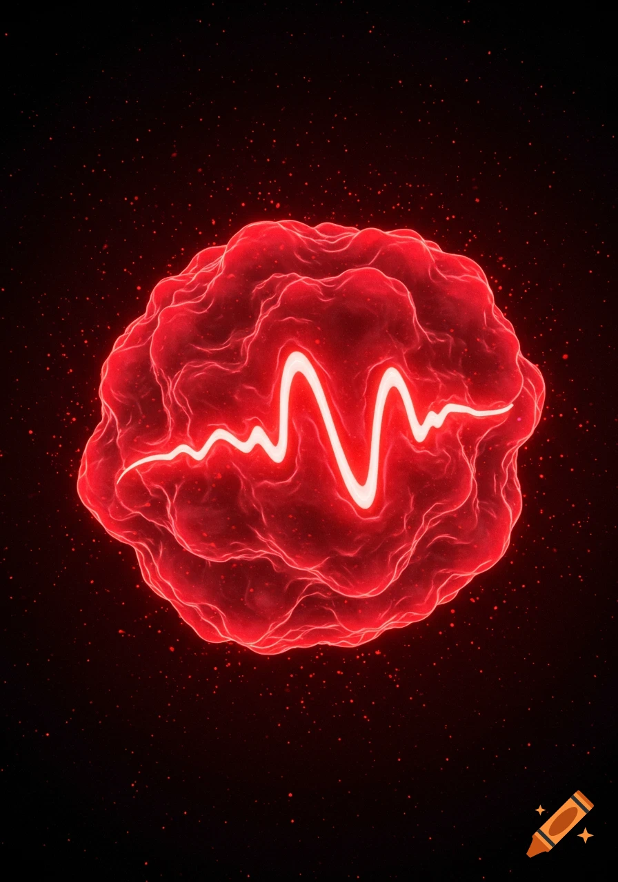 A glowing red abstract pulsating mass with a white waveform through its center against a dark, speckled background.