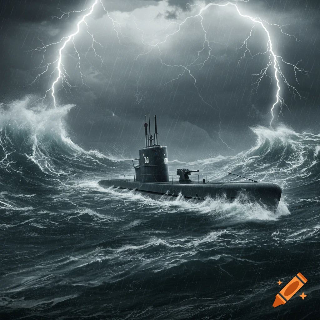 A dark submarine navigates a stormy North Atlantic ocean with huge waves and bright lightning.
