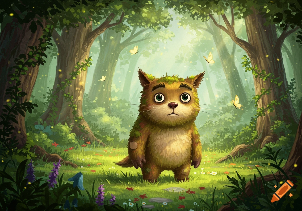 A whimsical, moss-covered creature with big eyes stands in a lush, sun-dappled forest with butterflies, in a Maurice Sendak-inspired illustration style.