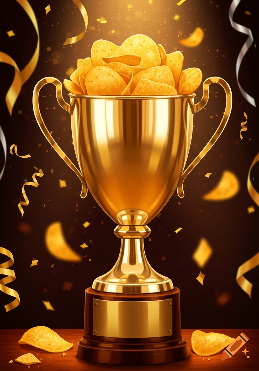 A gleaming golden trophy cup overflowing with crispy potato chips, surrounded by festive golden confetti and streamers.