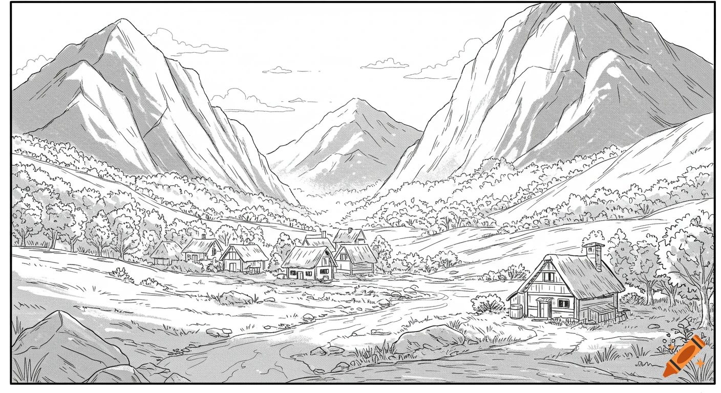 A black and white manga-style drawing of a small village nestled in a valley between large mountains, with trees and a stream.