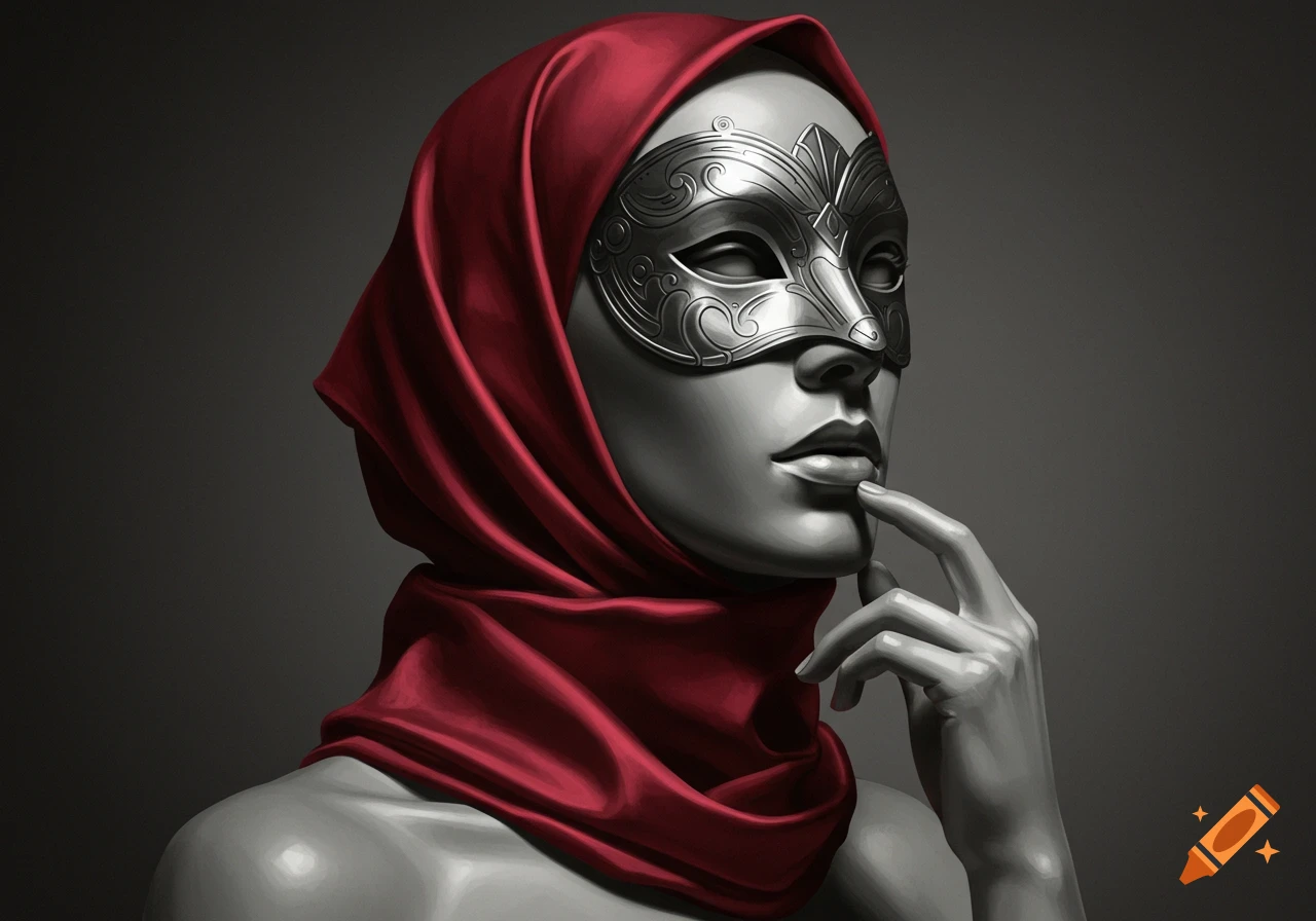 Mannequin head with an ornate silver mask, red scarf, and a hand touching its lips.