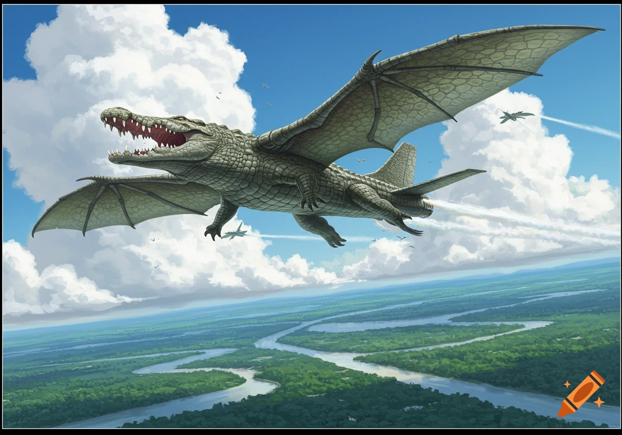 A green crocodile-plane hybrid with large wings and jet engines flies over a verdant river delta, seen from above in an illustration.