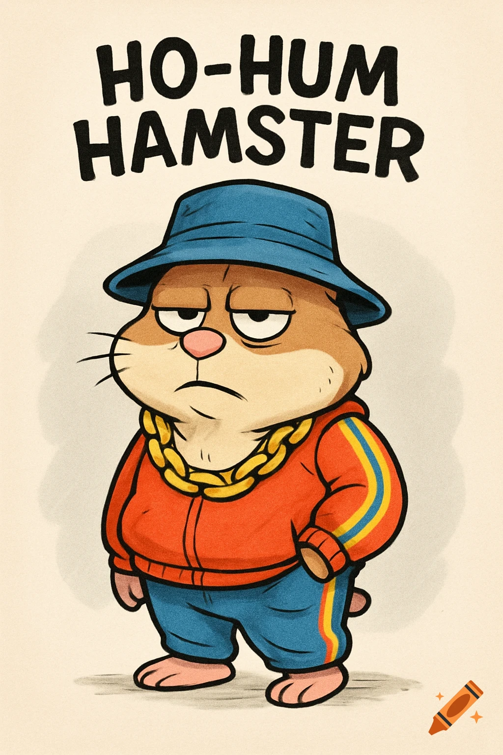 A grumpy cartoon hamster wearing a blue bucket hat, a gold chain, and a red track suit, with the text 'HO-HUM HAMSTER' above it.