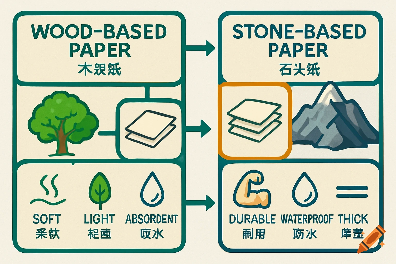 An infographic comparing wood-based paper and stone-based paper, showing icons for their origins and properties.