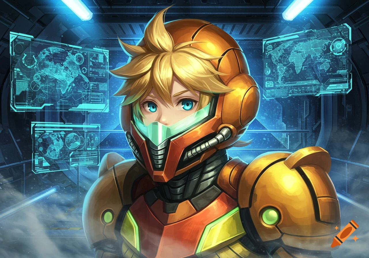 Anime character resembling Kagamine Len wearing a Samus Varia Suit helmet, standing in a futuristic room with glowing blue holographic screens displaying maps and data.