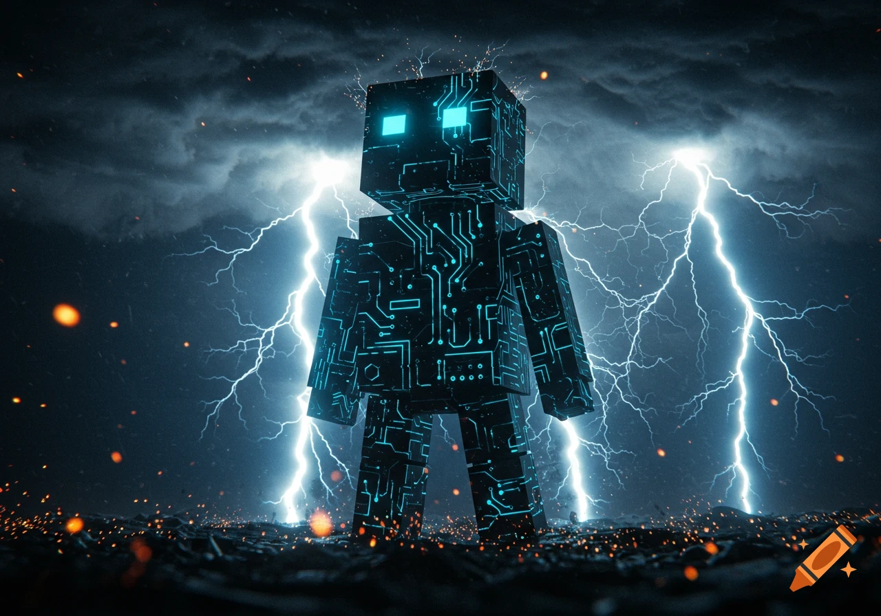 A boxy, circuit-patterned robot with glowing blue eyes stands in a dark landscape under a stormy sky with bright lightning strikes.