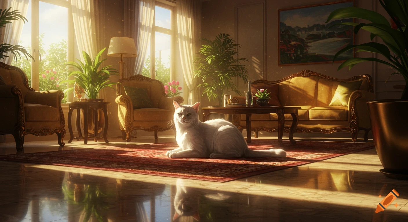 A beautiful silver-white cat lies gracefully on a velvet rug in a sunlit luxury living room with golden tones and plants.
