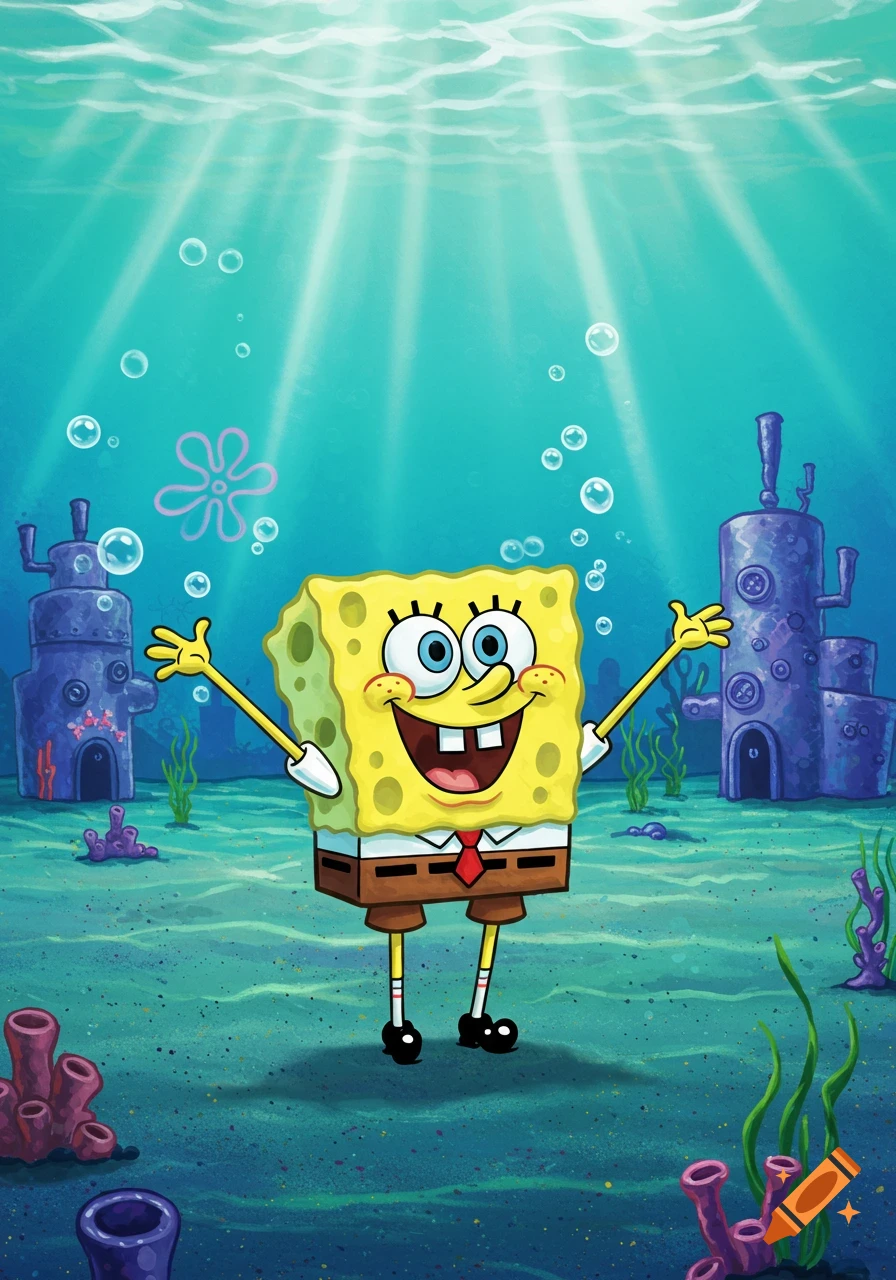 Spongebob Squarepants stands happily underwater with arms raised, bubbles float around him, and purple coral and buildings are in the background.