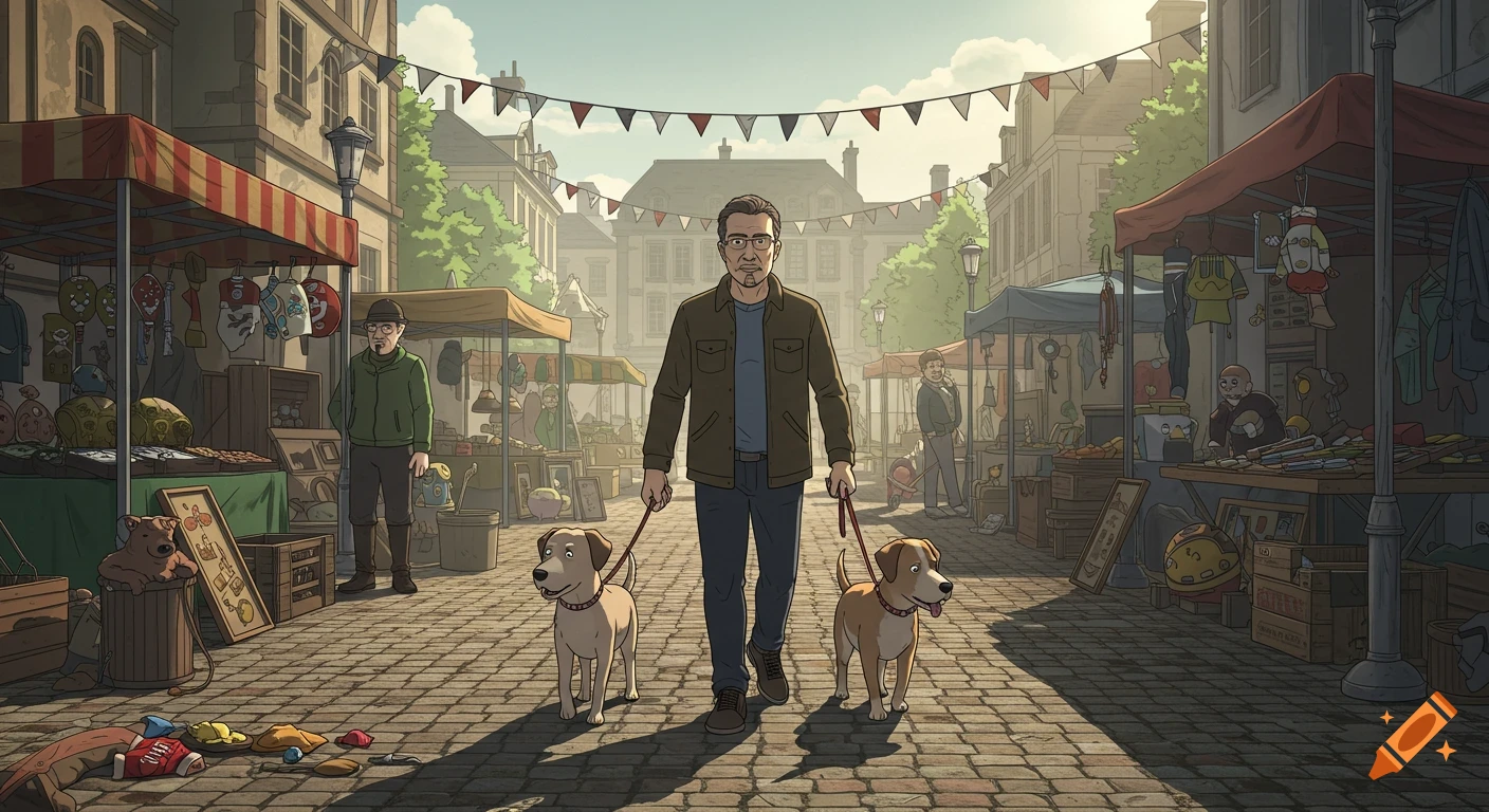 A cartoon man walks two dogs down a busy flea market street, lined with stalls and old buildings.