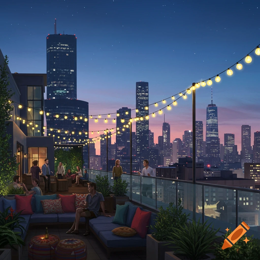 Illustrated rooftop party at night with people socializing, string lights, and a city skyline.