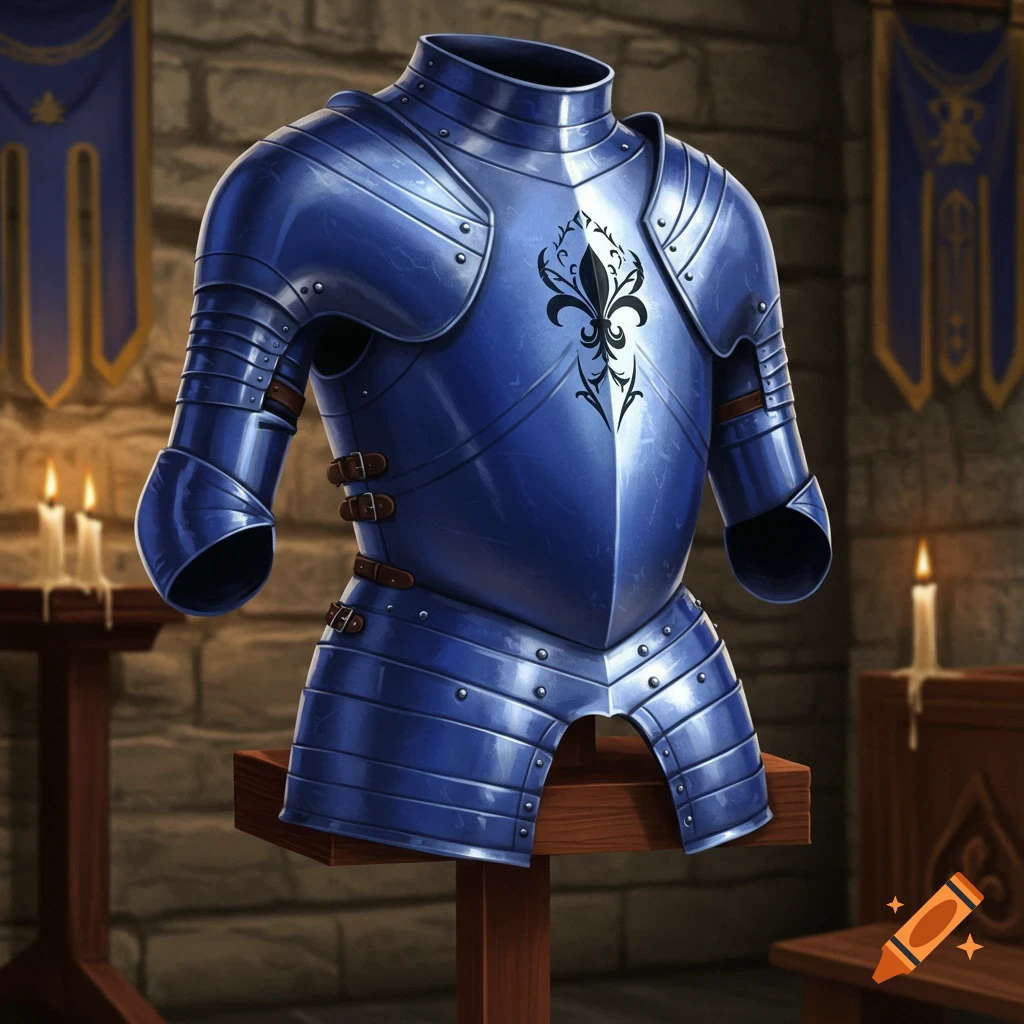 A beautifully crafted cobalt blue cuirass with a black fleur-de-lis symbol displayed on a wooden stand in a medieval room with candles and banners.