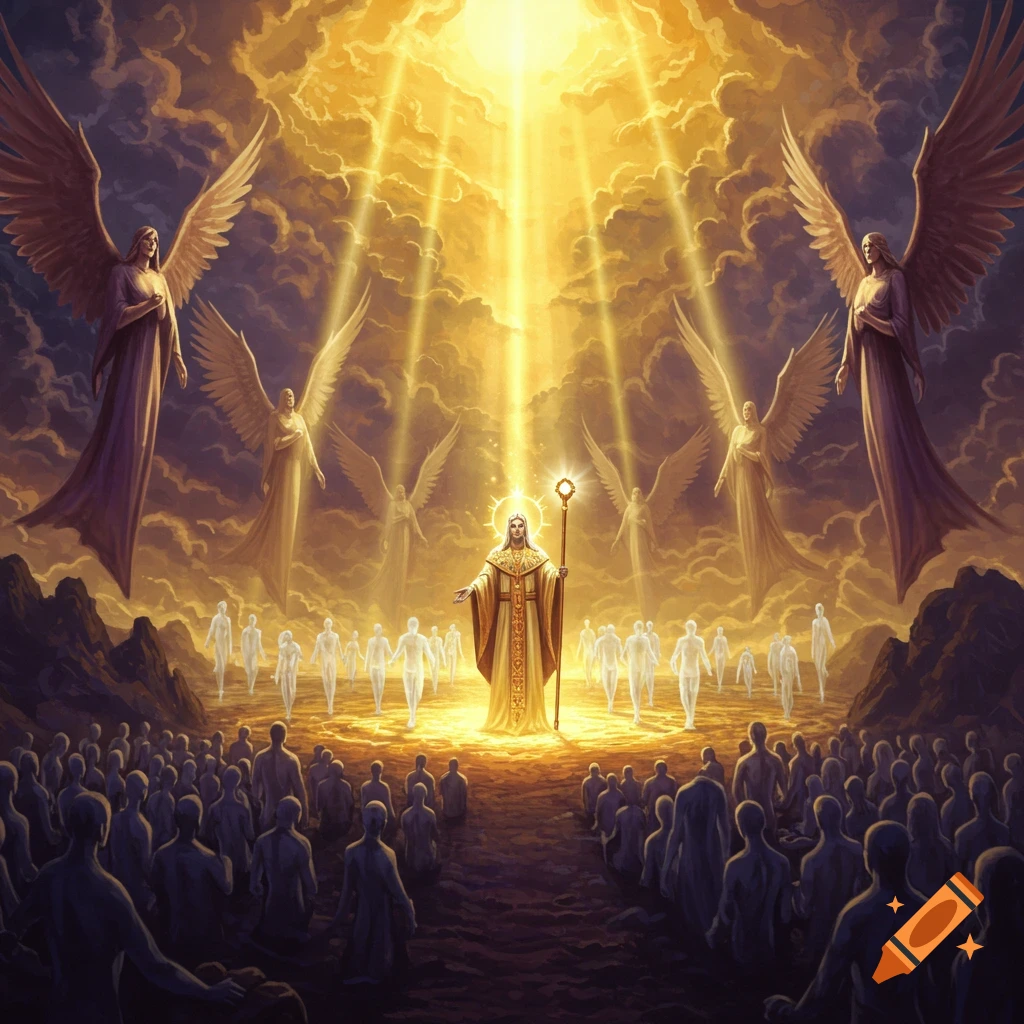 A heavenly scene with a robed figure holding a staff, surrounded by angels and glowing souls, under golden light from clouds.