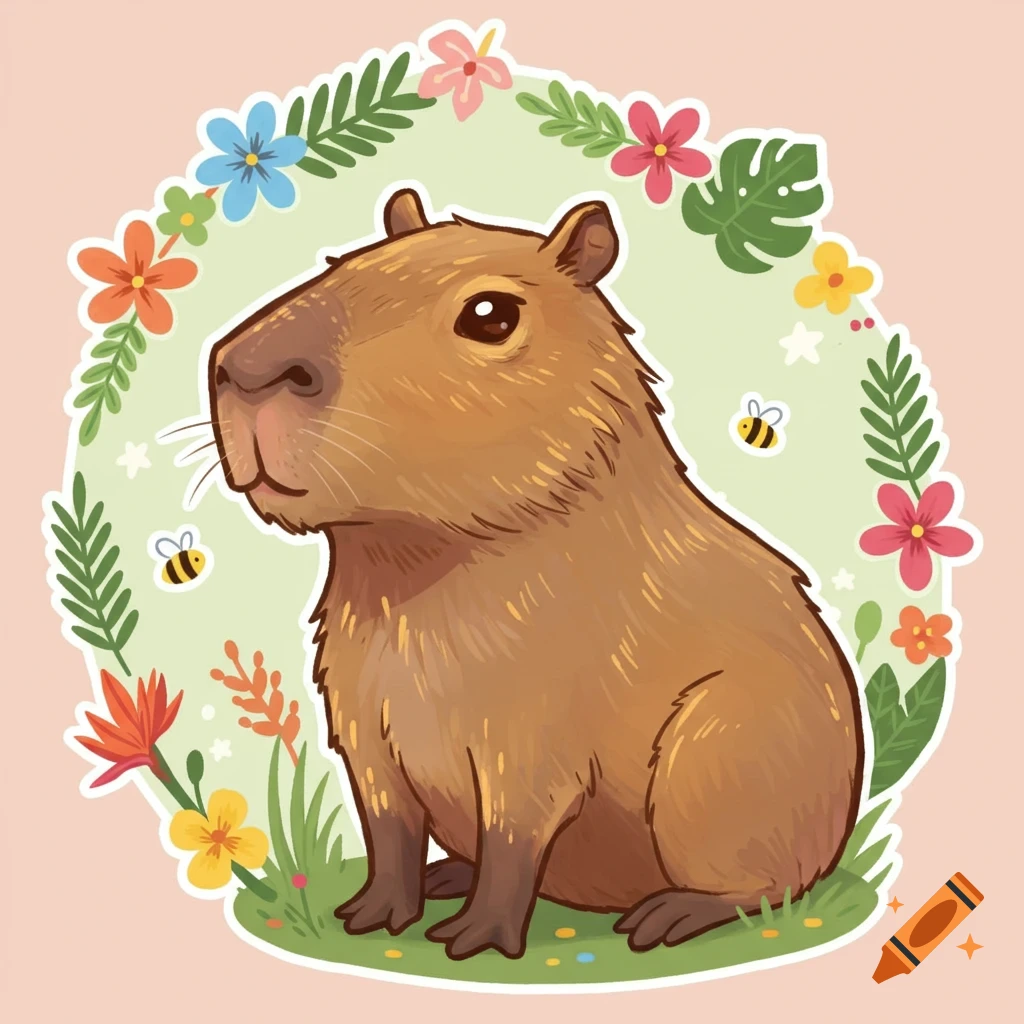 Cute cartoon capybara sitting within a colorful floral and leaf wreath with bees, in a sticker art style.
