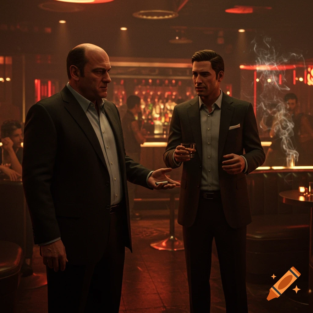 A photorealistic, cinematic shot of two men in dark suits in a dimly lit, moody nightclub. One man holds a drink, the other a small object.