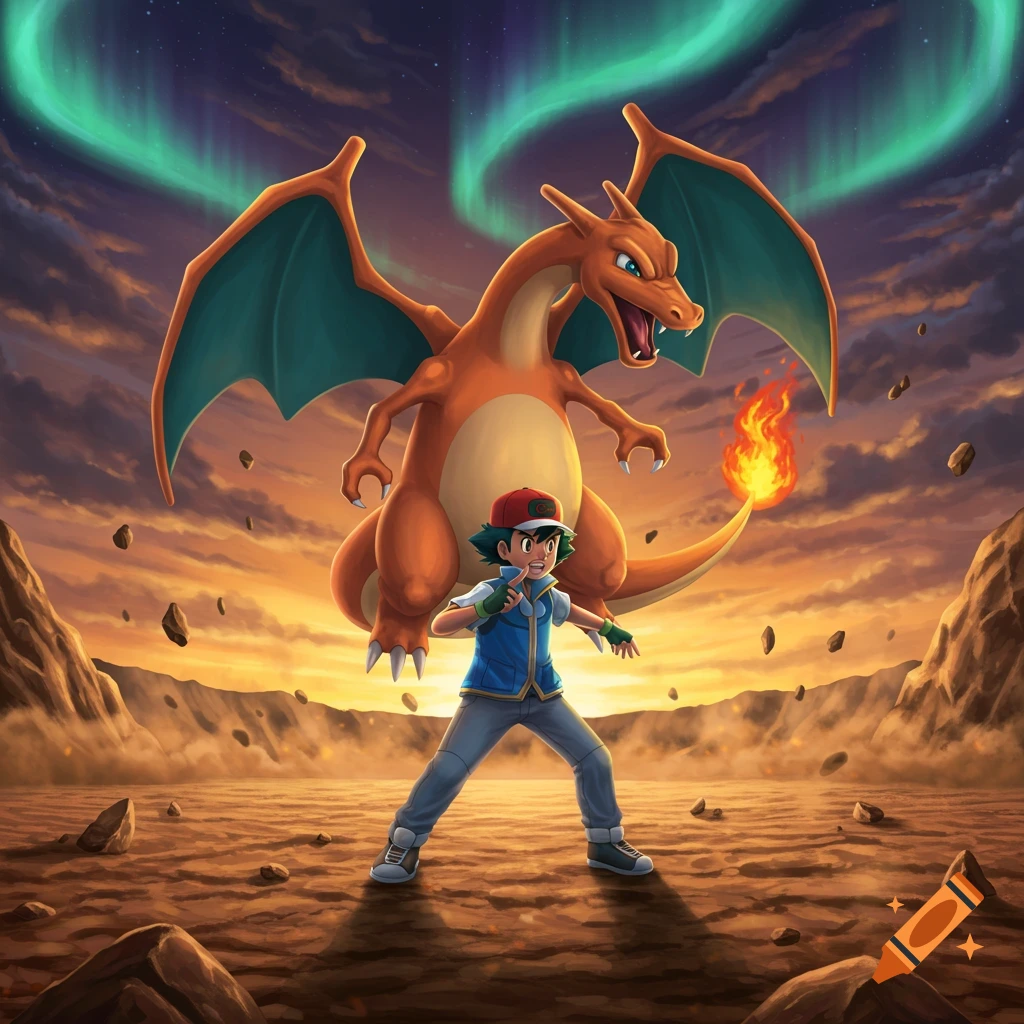 Ash Ketchum stands ready in a desert with Charizard roaring behind him under an aurora sky, in a vibrant illustration.