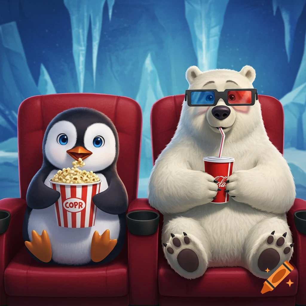 A cartoon penguin eating popcorn and a polar bear drinking soda, both wearing 3D glasses, sitting in red cinema chairs in an icy cave.