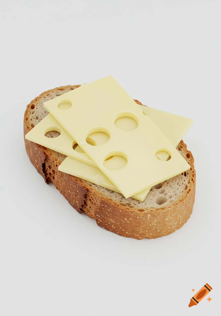 A single slice of rustic bread topped with yellow Swiss cheese slices on a white background.
