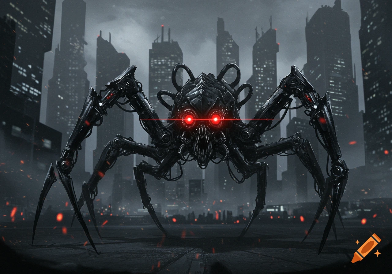 A dark, metallic spider-like robot with glowing red eyes stands in a dystopian city at night.