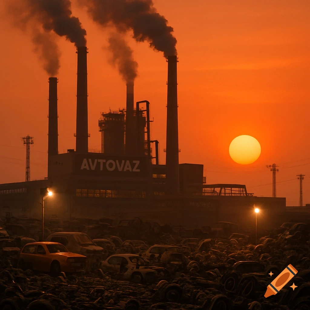 Photorealistic image of a factory with smoking chimneys and 'AVTOVAZ' sign at sunset over a car graveyard, illuminated by streetlights.