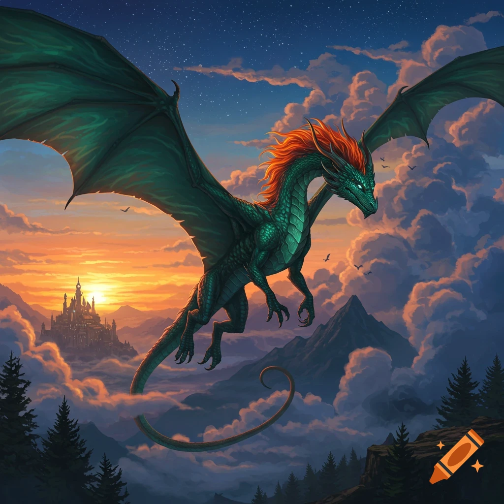 A large green dragon with orange hair flies over a mountainous landscape with a castle at sunset, against a dramatic sky.