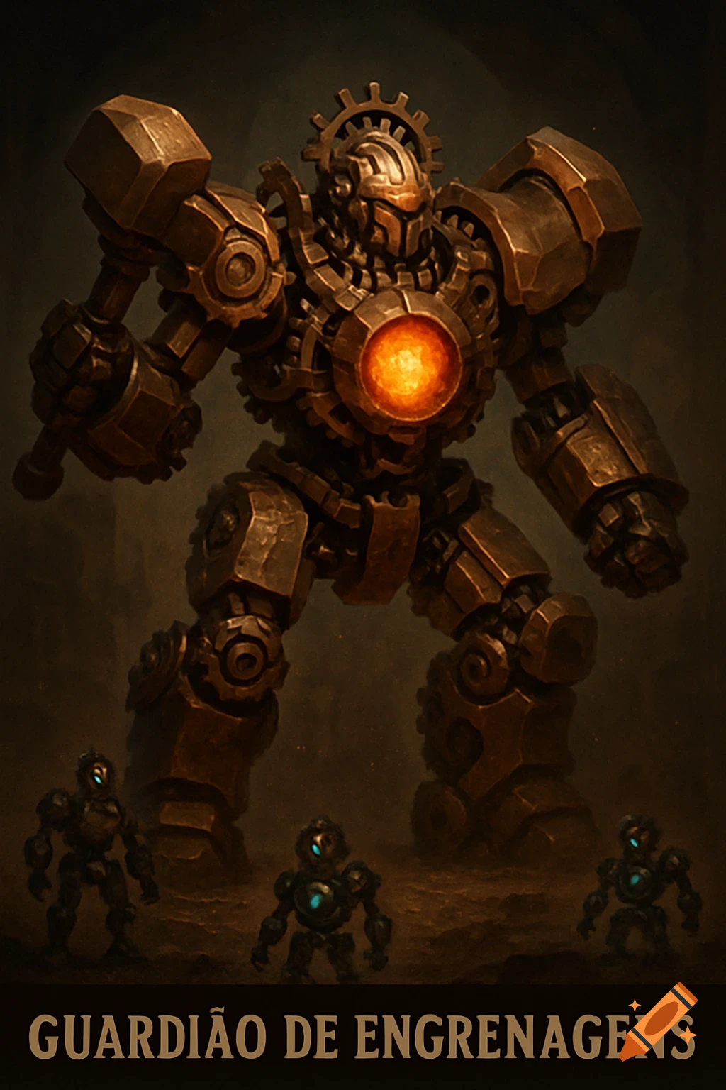 A large, detailed bronze mechanical golem with an orange glowing core and hammer arms stands over three smaller robots, with the text "GUARDIÃO DE ENGRENAGENS" below.