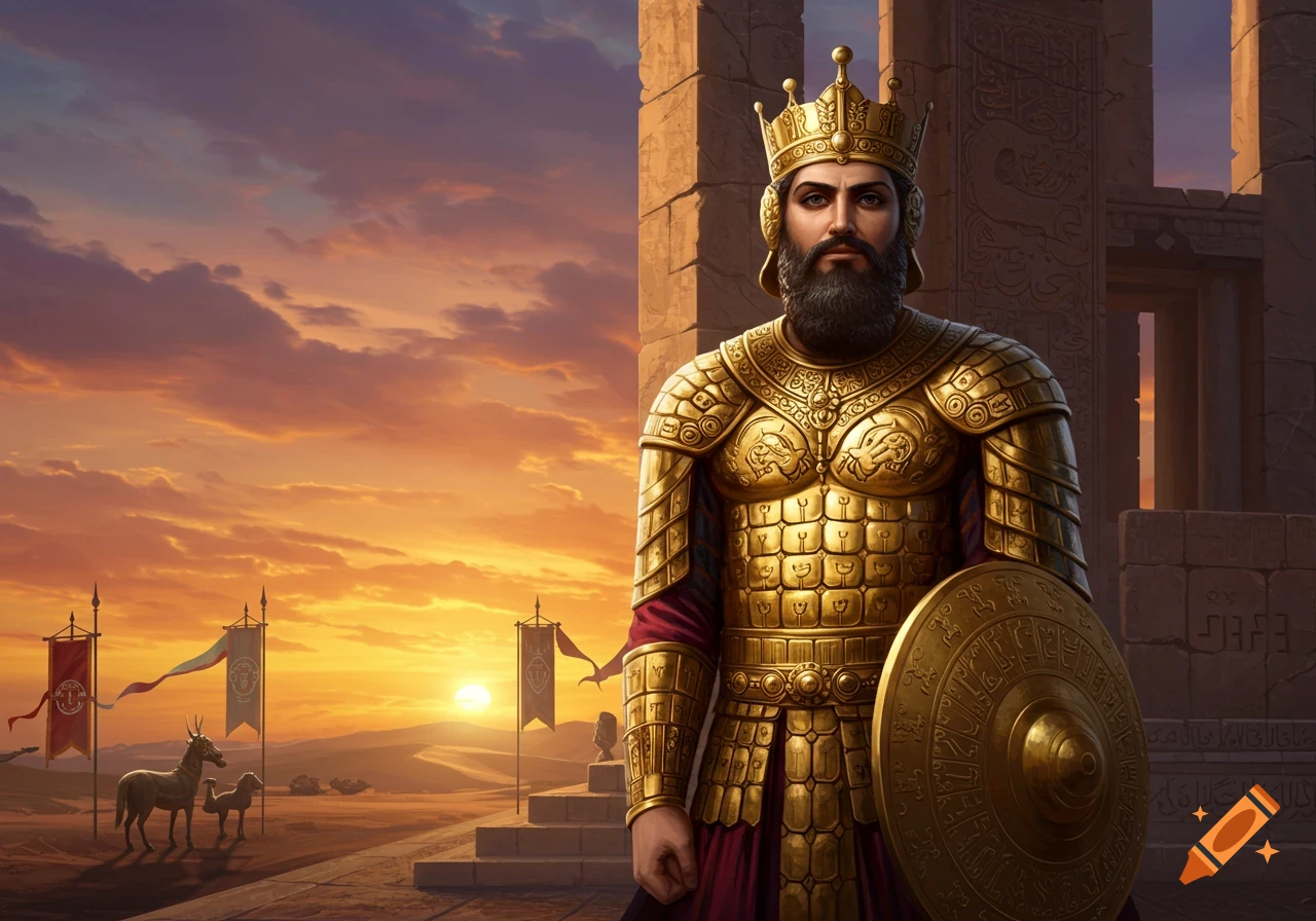 A king in golden armor and crown holding a shield stands before ancient ruins in a desert at sunset, with horses and flags in the background.