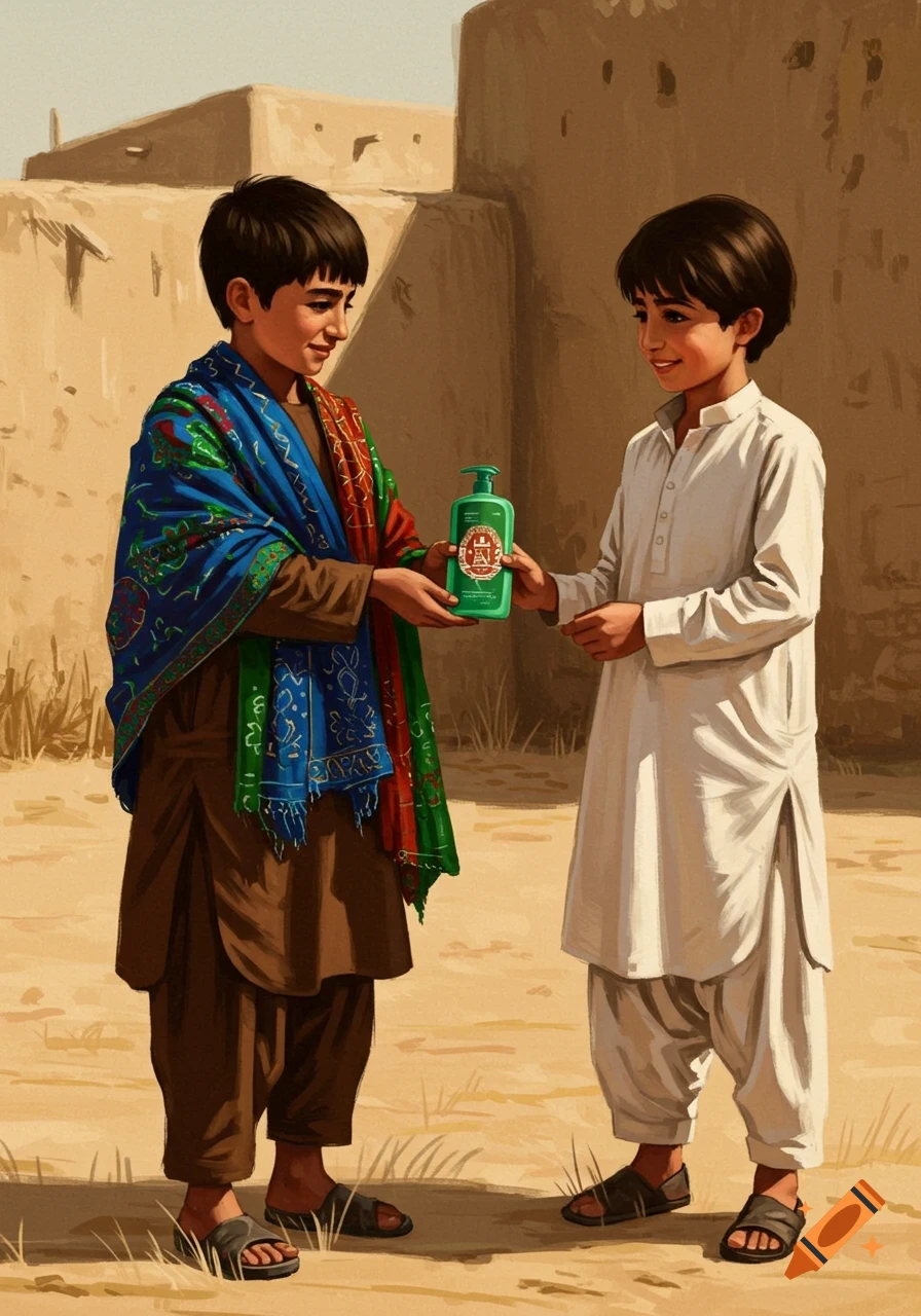 An illustration of two young boys, one in a colorful shawl, handing a green bottle to another boy in a dusty village.