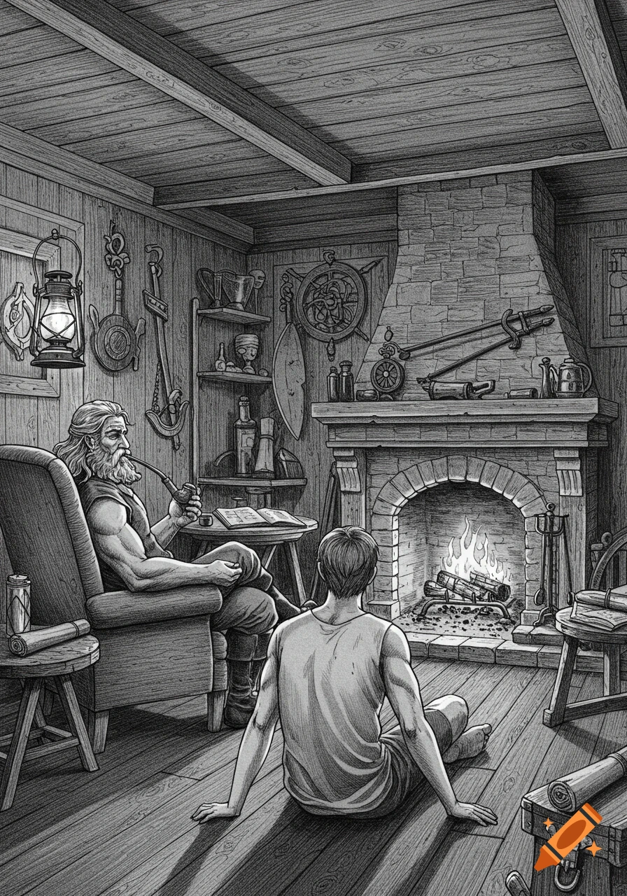Monochrome illustration of a bearded captain smoking a pipe and a young man sitting by a fireplace in a cozy, cluttered ship's cabin.