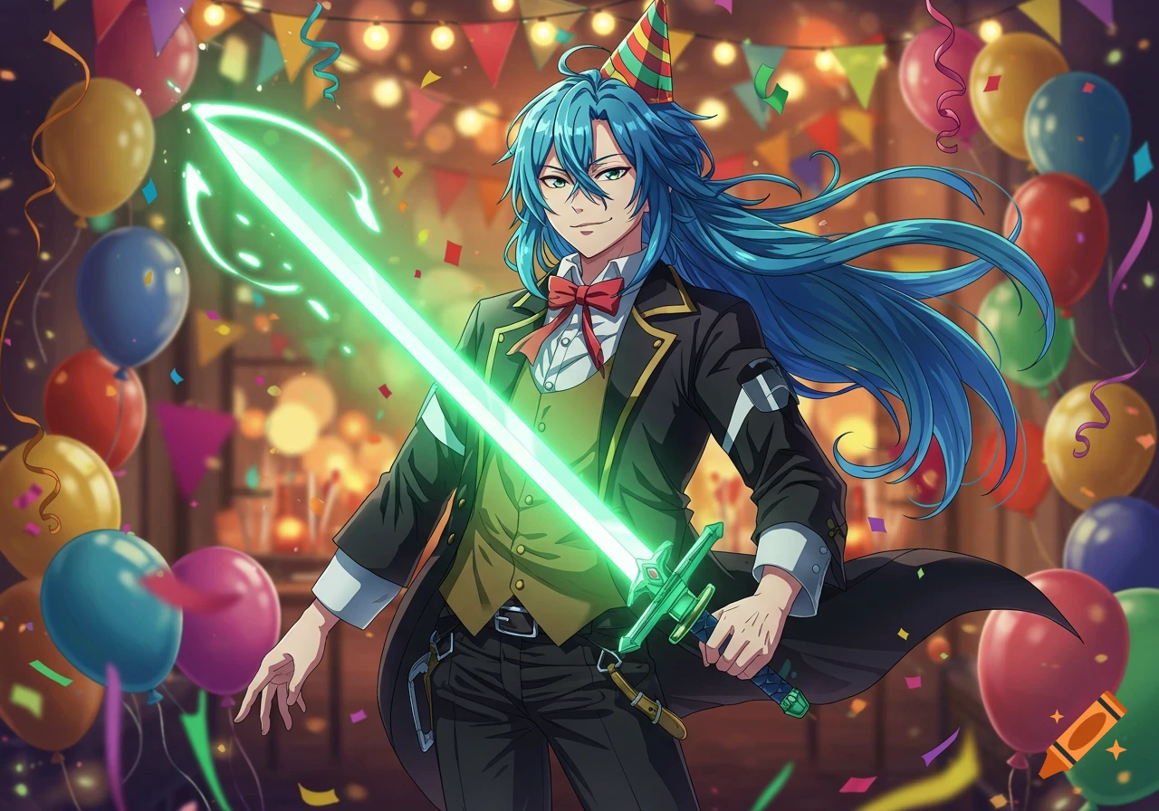 Blue-haired anime boy in a suit and party hat, holding a glowing green sword amidst balloons and confetti at a birthday party.