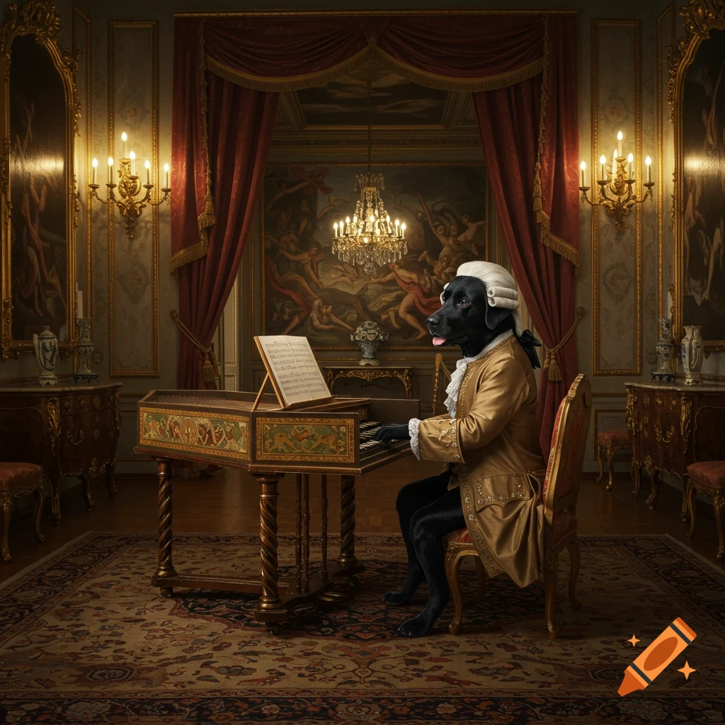 A black lab dog dressed in a powdered wig and gold baroque coat, sitting at a harpsichord in a lavish, ornately decorated room.