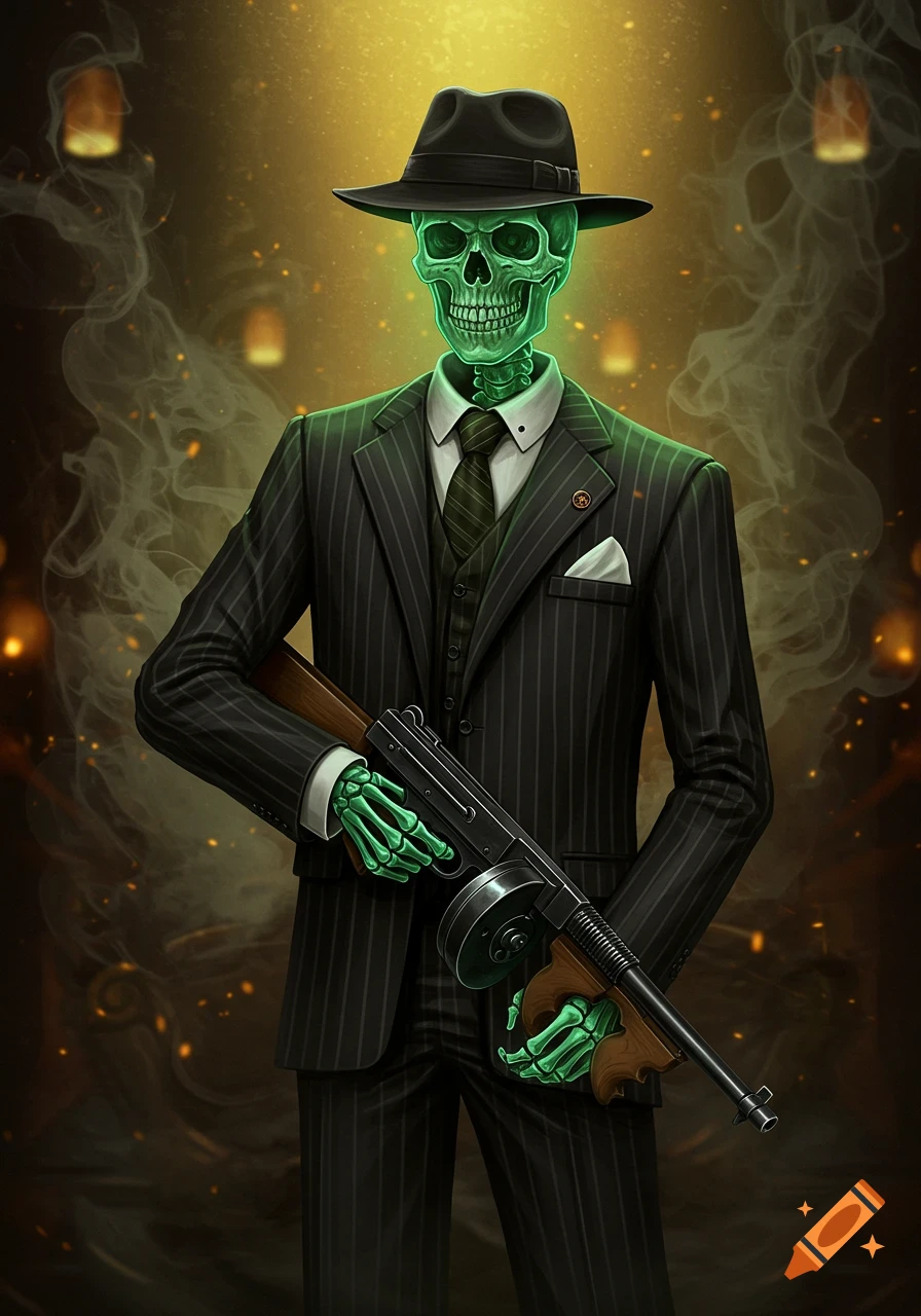A vibrant green skeleton in a pinstripe gangster suit and fedora holds a tommy gun in a smoky, dimly lit room.