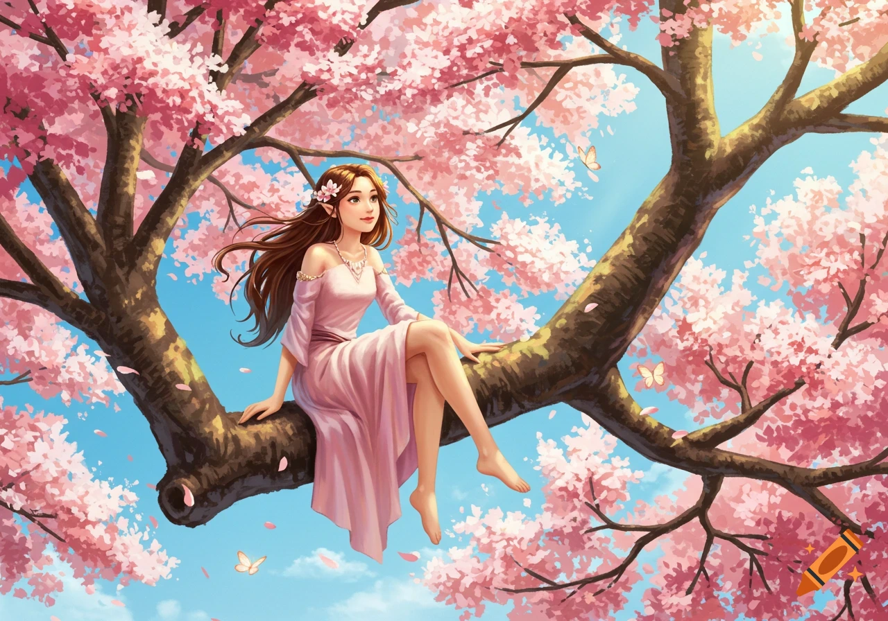 A beautiful anime-style girl with long brown hair sits barefoot on a large cherry blossom tree branch under a blue sky, surrounded by pink flowers.
