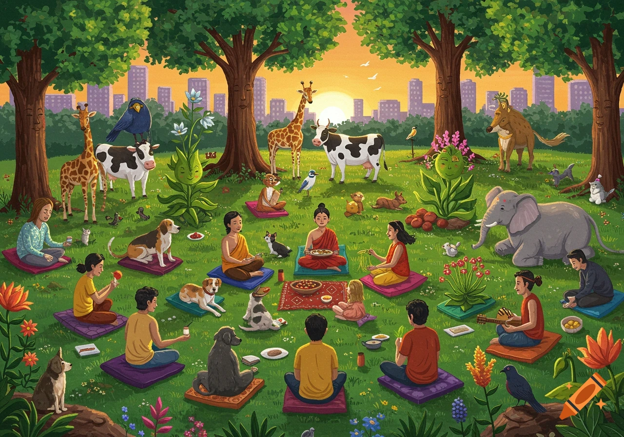 A colorful, surreal illustration of diverse people, animals, and plants meditating and sharing food in a peaceful urban park at sunset.