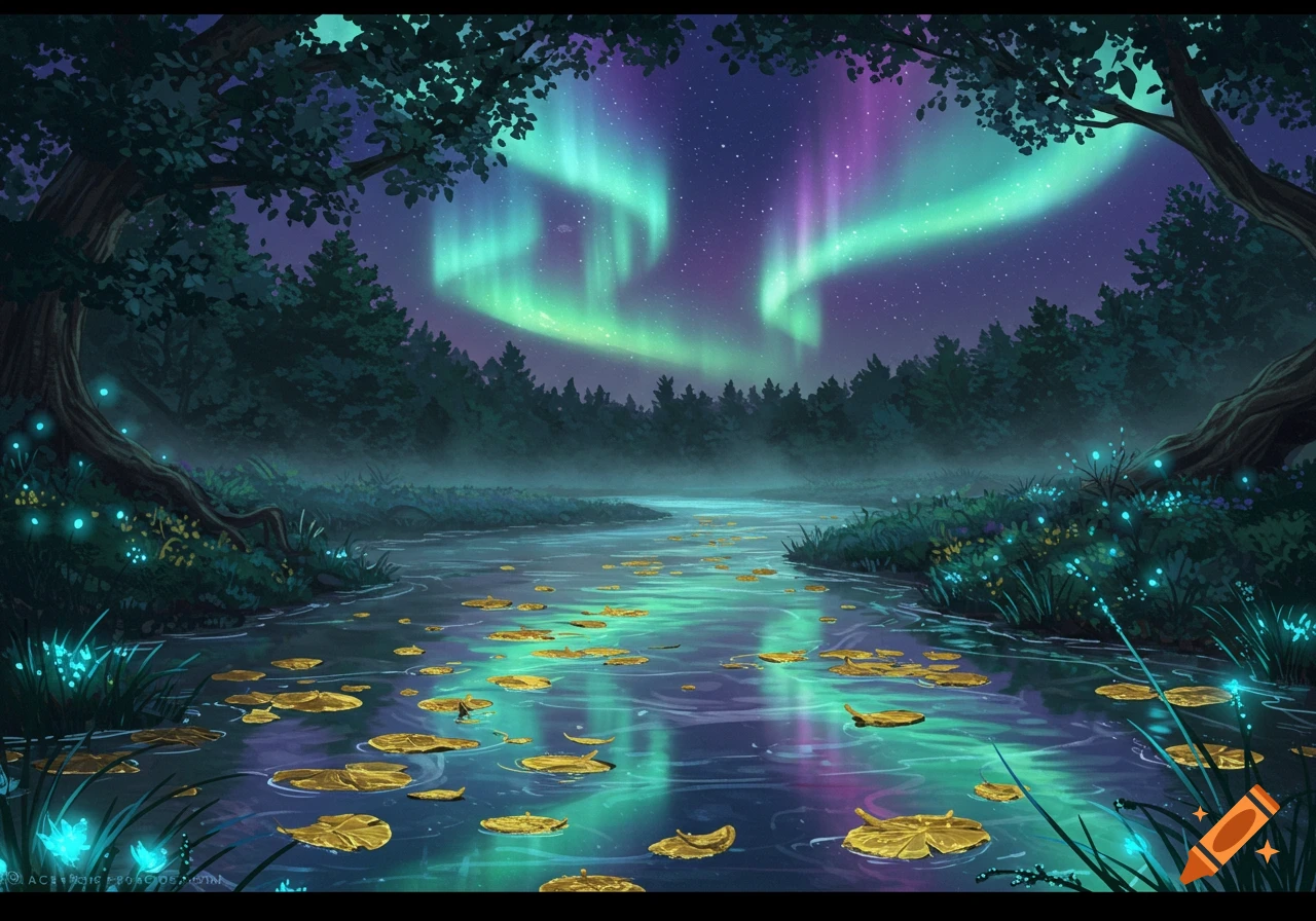 A magical river flows through a dark forest under a vibrant green and purple aurora borealis, with glowing blue plants and golden lily pads.
