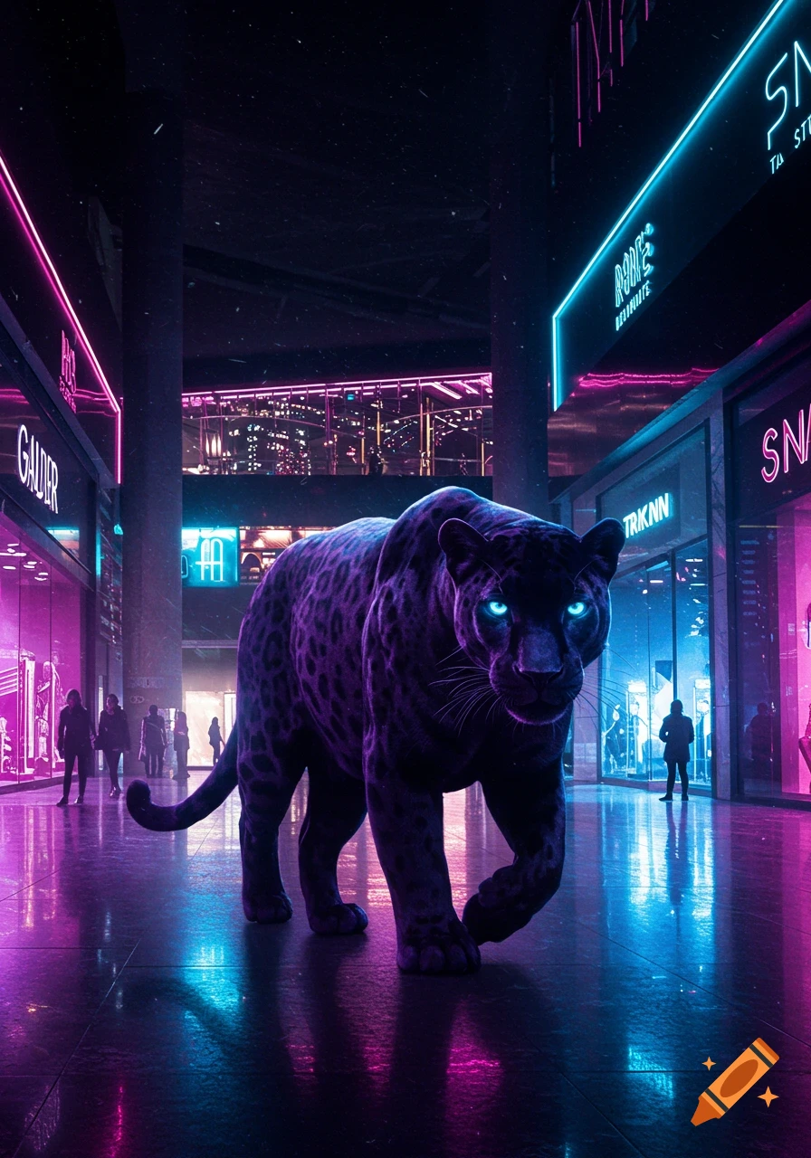A large, purple-hued panther with glowing blue eyes walks through a neon-lit futuristic shopping mall with people in the background.