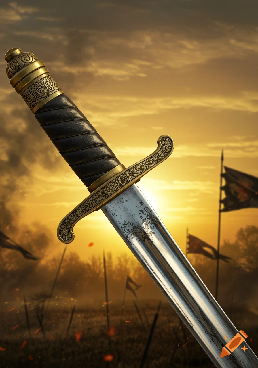 Ornate cavalry sabre with a black grip and gold hilt, set against a dramatic sunset battlefield with flags.