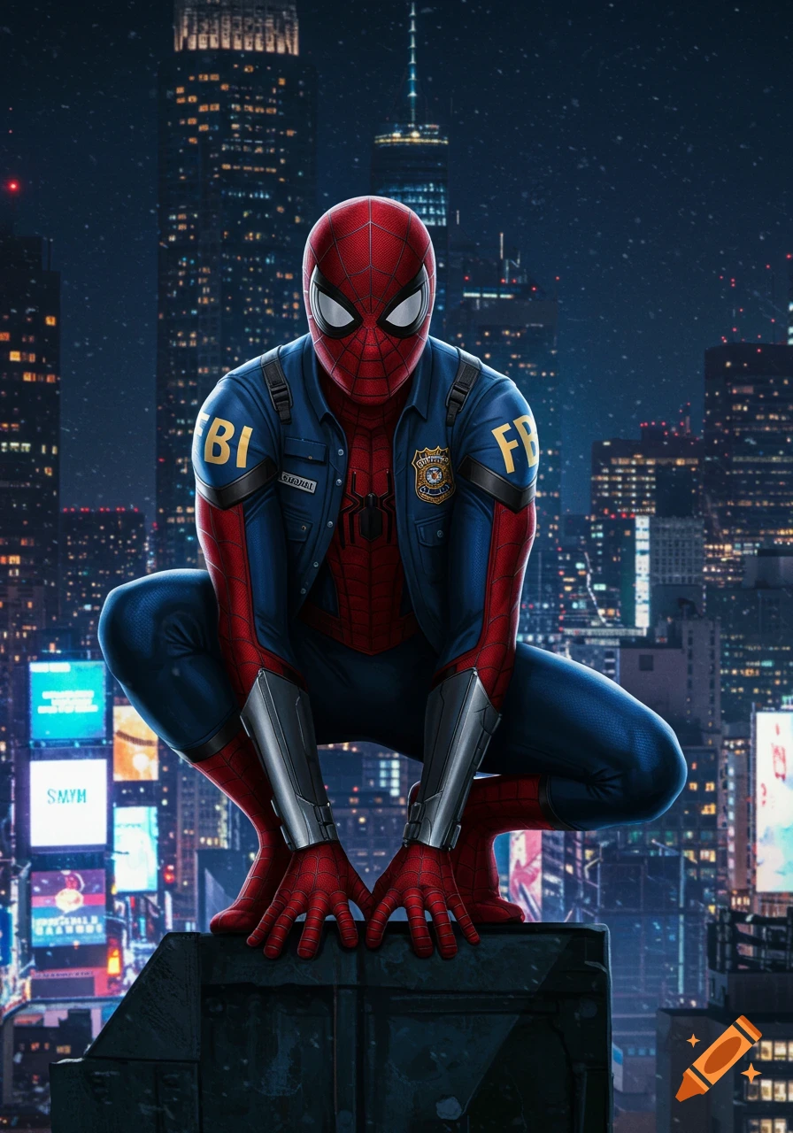 Spider-Man in an FBI uniform crouches on a city rooftop at night, glowing skyscrapers in the background.