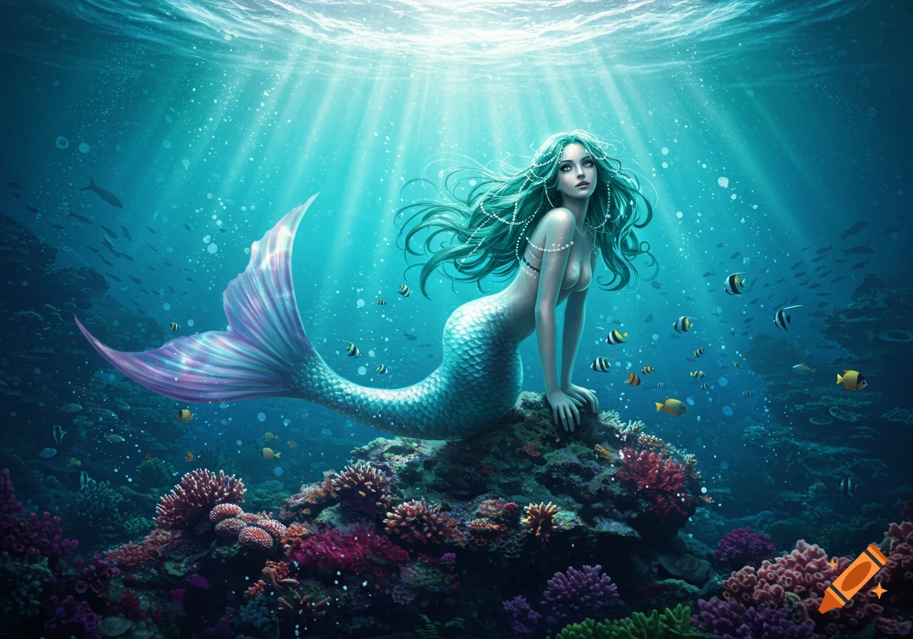 A beautiful mermaid with flowing teal hair and a shimmering purple and blue tail sits on colorful coral in a vibrant underwater scene, looking up towards light rays from the surface.