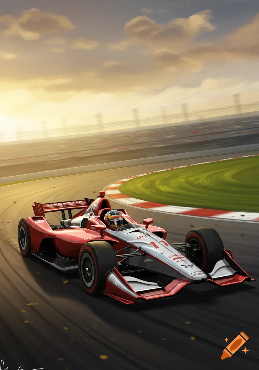 A red and white IndyCar races around a track at sunset, with golden clouds in the sky.